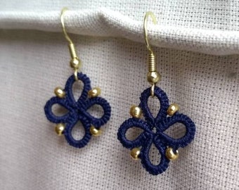 Small Tatted Earrings with Gold Beads/ Lace earrings/ lightweight earrings/ handmade earrings