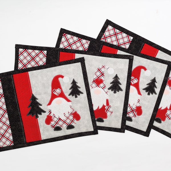 Whimsical Gnome Vintage Inspired Christmas Appliquéd Placemats, Gnome Placemats, 10x15 Red Black Plaid, Christmas Table Decor, Handmade