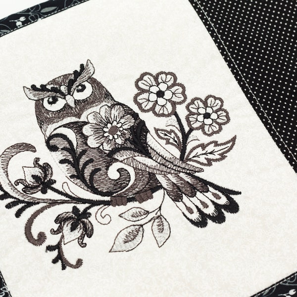 Black White Owl Vintage Inspired Embroidered Bird Mug Rug Coaster Placemat, Bird Lover Gift, Ornithology, Cozy Home Decor, Handmade Gift