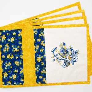 Vintage Spring Bird Placemats, Set of FOUR, 10x15 Mats, Vintage Inspired French Country Blue Yellow Floral Embroidered Delft Goldfinch
