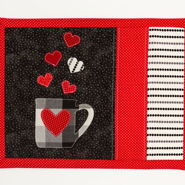 Mug Rug Mug Mat Coaster, Cup of Love, Hearts, Valentine, Table Decor, Mini Placemat, 12x9, Fabric Appliqué Quilted, Handmade Gift Under 20