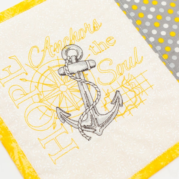 Hope Anchors My Soul Yellow Vintage Inspired Embroidered Mug Rug Placemat Coaster, Faith Inspirational Gift, Anchor, Handmade, Cozy Decor