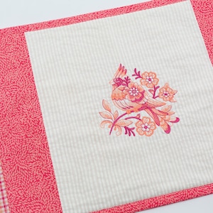 Bird Table Topper Runner Mat, 12x24, Reversible, Table or Bedroom, Peachy Plaid Embroidered Delft Cardinal on Seersucker and Plaid Fabric
