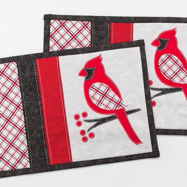 Cardinal Christmas Placemats: Hand-Appliqued Reversible Plaid Set
