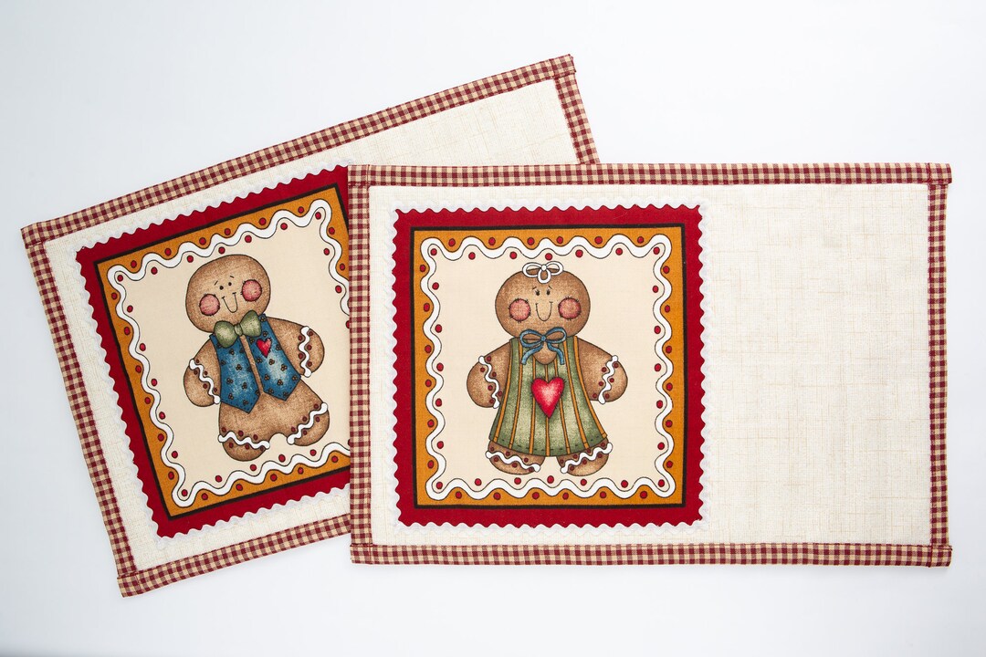 Vintage Christmas Gingerbread Placemats, Set of Two, 10x15, Reversible