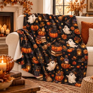 Vintage Halloween Velveteen Plush Blanket Cozy Ghost Black Cat Pumpkin Throw Spooky Autumn Decor Cute Halloween Gift for Kids and Her