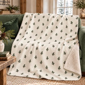 Evergreen Sherpa Fleece Blanket Green Ivory Botanical Sprig Throw Neutral Winter Decor Christmas Gift Cozy Cottage Blanket Nature Lover Gift