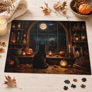 Pode incluir: Um quebra-cabeça retangular com um gato preto sentado no parapeito de uma janela à noite, olhando para uma lua cheia e um castelo distante. A cena inclui abóboras iluminadas, velas acesas e folhas de outono em tons quentes e escuros.