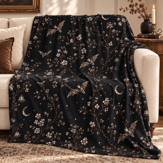 Black Bat Floral Blanket Gothic Moon Velveteen Throw Halloween Bedroom Decor Witchy Lightweight Cozy Blanket Gift for Kids and Her