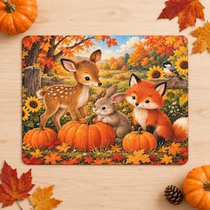 May include: A rectangular jigsaw puzzle featuring a fawn, a rabbit, and a fox sitting among orange pumpkins and sunflowers in an autumn forest setting with fallen leaves, a wooden fence, and a small bird perched on a post in the background.