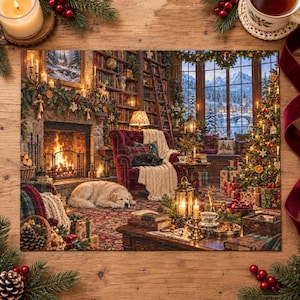 May include: A jigsaw puzzle depicting a cozy library scene with a fireplace, a large red armchair, a sleeping golden dog, a decorated Christmas tree, and a snowy mountain view through a window. The room is filled with bookshelves, gifts, and festive decor.