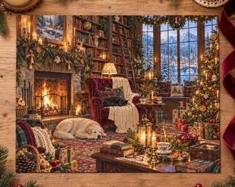 May include: A jigsaw puzzle depicting a cozy library scene with a fireplace, a large red armchair, a sleeping golden dog, a decorated Christmas tree, and a snowy mountain view through a window. The room is filled with bookshelves, gifts, and festive decor.