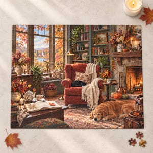 Rompecabezas acogedor para leer en otoño con gato y perro. Rompecabezas otoñal para adultos. Regalo ideal para amantes de los libros. 110, 252, 520 o 1014 piezas.