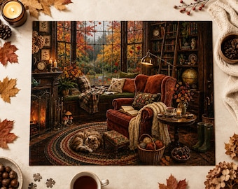 Cozy Autumn Puzzle for Adults Fall Reading Nook Cat Jigsaw Puzzle Book Lover Gift Rainy Day Activity Cozy Cottage Fall Decor 110-1014 Pieces