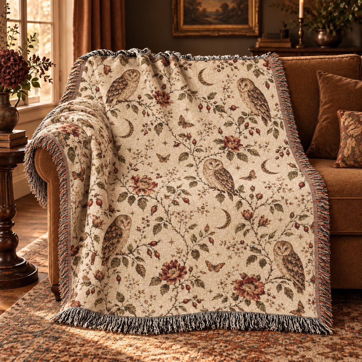 Owl Woven Blanket Vintage Floral Throw Celestial Cottagecore Decor Botanical Tapestry Cotton Blanket