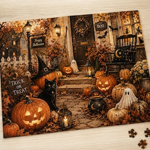 Cozy Halloween Puzzle Vintage Halloween Jigsaw Puzzle Autumn Porch Puzzle Pumpkin Puzzle Fall Gift Halloween Decor Cozy Night