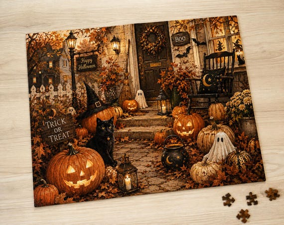 Halloween Puzzle Vintage Halloween Jigsaw Puzzle Autumn Porch Puzzle Pumpkin Puzzle Fall Gift Halloween Decor Cozy Night