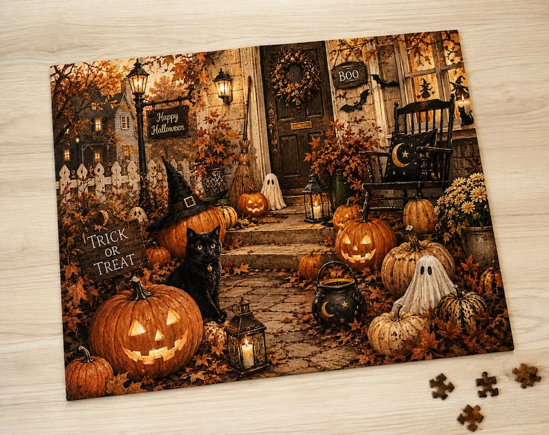 Cozy Halloween Puzzle Vintage Halloween Jigsaw Puzzle Autumn Porch Puzzle Pumpkin Puzzle Fall Gift Halloween Decor Cozy Night image 1