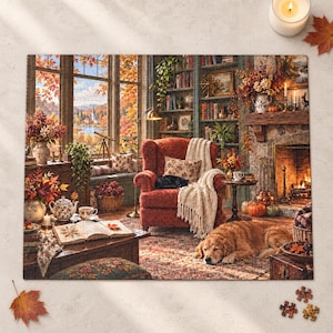 Cozy Autumn Reading Nook Puzzle with Cat and Dog Fall Jigsaw for Adults Book Lover Gift 110 252 520 or 1014 Pieces