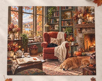 Cozy Autumn Reading Nook Puzzle with Cat and Dog Fall Jigsaw for Adults Book Lover Gift 110 252 520 or 1014 Pieces