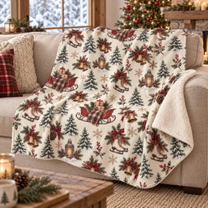 Può includere: Una coperta color crema con un motivo natalizio ripetuto di slitte rosse, pattini bianchi, campane dorate, alberi di pino verdi, lanterne e bacche rosse. La coperta presenta una fodera in sherpa bianco morbido e testurizzato sul retro.