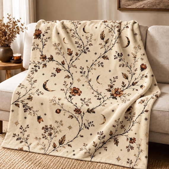 Celestial Floral Blanket Vintage Moon Throw Cozy Fall Blanket Botanical Velveteen Blanket Cottagecore Autumn Decor Gift for Her