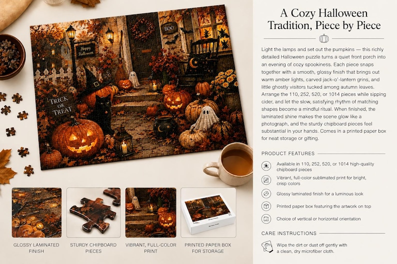Cozy Halloween Puzzle Vintage Halloween Jigsaw Puzzle Autumn Porch Puzzle Pumpkin Puzzle Fall Gift Halloween Decor Cozy Night image 2