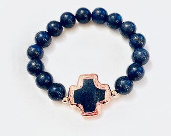 Pulsera elástica Lapis Lazuli para un fácil desgaste acentuado con Cross Rosegold- envío gratis