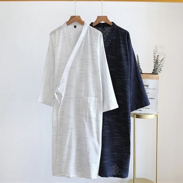 Kimono japonais pour homme. Peignoir homme, 100% coton, chemise de nuit rayée grande taille, vêtements de maison