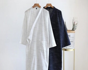 Japanese kimono for men. Men's bathrobe, 100% cotton, striped nightgown plus size, home clothes