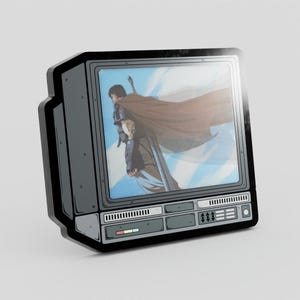 May include: A black and gray pin shaped like a retro television. The screen displays a character with a sword and cape. The pin has a detailed design with buttons and a speaker grill.