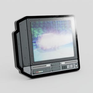 May include: A grey, retro-style television with a screen showing a blurred image of a vehicle. The TV has a black border and buttons at the bottom. The design is reminiscent of vintage electronics, with a classic aesthetic.