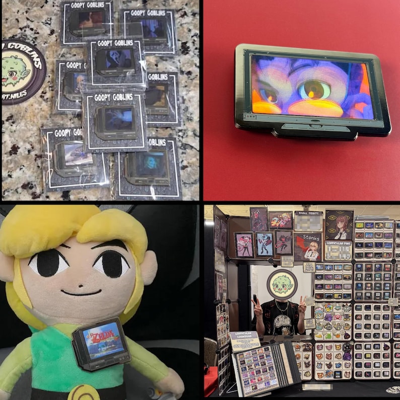 May include: A collection of enamel pins and plush toys featuring video game and cartoon themes. The pins include a small TV design with a cartoon character on the screen. The plush toy is of a character with a TV pin. The pins are packaged with the text "GOOPY GOBLINS".