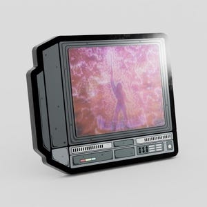 Puede incluir: Una pegatina de televisión de estilo retro con una pantalla que muestra una figura silueteada que se alza sobre un fondo rosa y púrpura. El televisor tiene un marco negro y detalles grises, con botones y una rejilla de altavoz en la parte inferior.