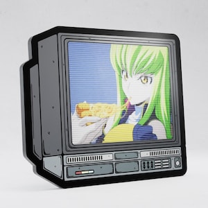May include: A black and gray television-shaped pin featuring a screen display of an anime character with long green hair eating a slice of pizza. The television frame includes detailed line art of buttons, vents, and a small rectangular indicator light.