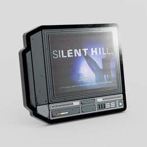 May include: A grey, retro-style television sticker featuring the text "SILENT HILL" on the screen. The screen shows a blurred image with the text "NOW LET OPTION". The sticker has a black border and a detailed design.