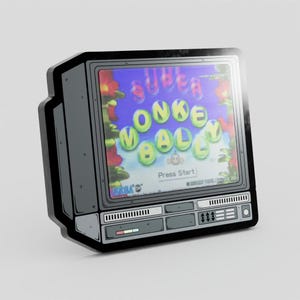 May include: A gray, retro-style television with the words "Super Monkey Ball" displayed on the screen. The screen shows a colorful game interface with the words "Press Start". The TV has a black border and a gray base.