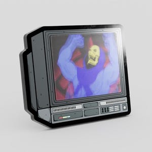 May include: A retro-style pin badge depicting a cartoon television showing a character with a yellow skull and blue body. The pin has a black border and grey accents, with a vintage aesthetic. The screen shows a red and black pattern.