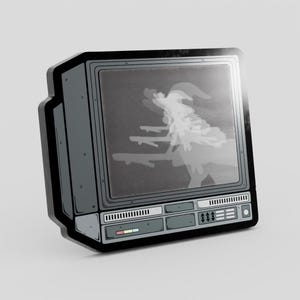 May include: A gray and black retro television set with a witch silhouette on the screen. The TV has a rectangular shape with a handle on the side and control buttons at the bottom. The screen has a grid pattern.