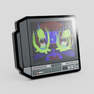 Könnte beinhalten: Ein Aufkleber in Form eines Retro-Fernsehers. Der Bildschirm zeigt zwei grüne Cartoon-Aliens mit offenem Mund. Der Fernseher hat einen schwarzen Rahmen mit grauen Akzenten und eine Reihe von Knöpfen und Bedienelementen unten.