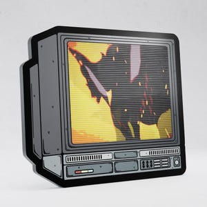 May include: A flat, rectangular pin shaped like a vintage television set with a gray casing and black border. The screen displays a stylized graphic of a dark, jagged silhouette against a bright yellow background with horizontal scan lines.