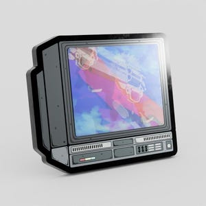 May include: A sticker depicting a vintage television set with a screen showing a colourful, abstract image. The TV is grey and black with a detailed design, including buttons and a speaker. The screen displays a mix of pink, blue, and white hues.