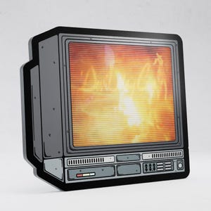 May include: A flat, stylized illustration of a vintage television set with a thick black border. The screen displays a bright, glowing orange and yellow fire-like graphic with horizontal scan lines and indistinct text in the center.