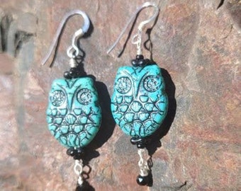 Turquoise Czeck Glass Owl Earrings, Sterling Silver Dangle Earrings, Beaded Drop Earrings