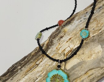 Czech Glass Flower Choker, Agate Seed Bead Necklace, Sterling Silver