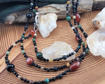 Carnelian Agate and Jade seed bead wrap necklace