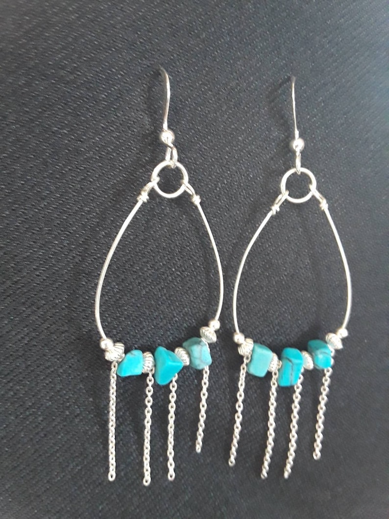 Boho Sterling silver and Chainlink Chandelier earrings with Turquoise accents.