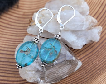 Dove Earrings, Turquoise Glass Oval Beads, Sterling Silver Hooks