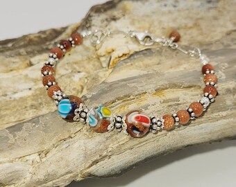 Dainty Sandstone and Milliefiori glass cuff bracelet with Sterling silver accent beads and fittings