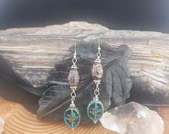 Agate & Czech Glass Earrings, Sterling Silver Bird Coin Dangle